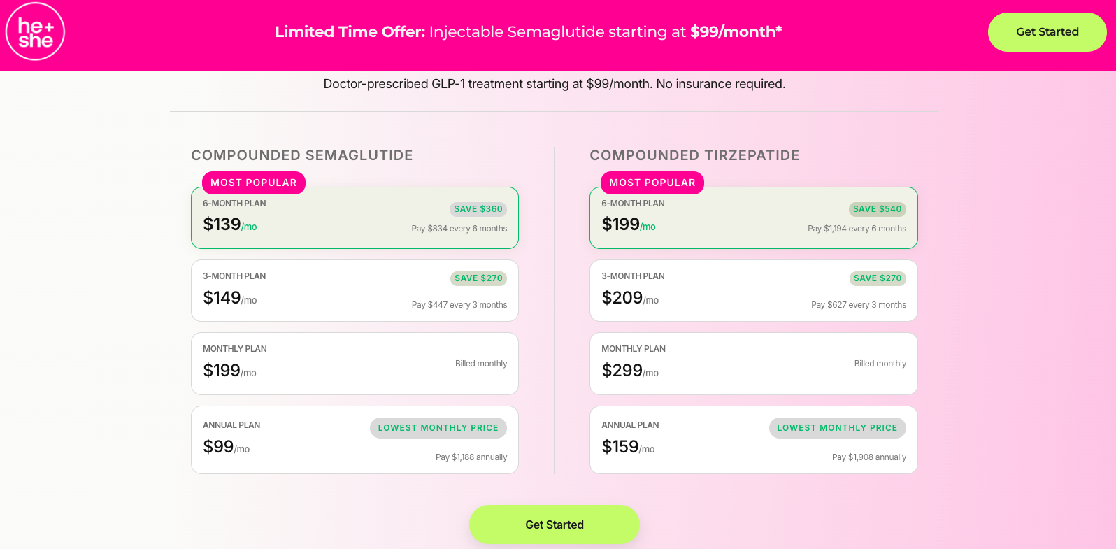 He and She MD plan pricing for compounded tirzepatide showing $299 monthly, $209 for three months, $199 for six months and $159 annually